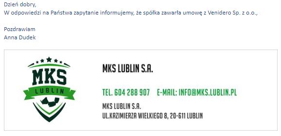 skan emaila z MKS Lublin potwierdzający istnienie umowy z Venidero sp. z o.o.