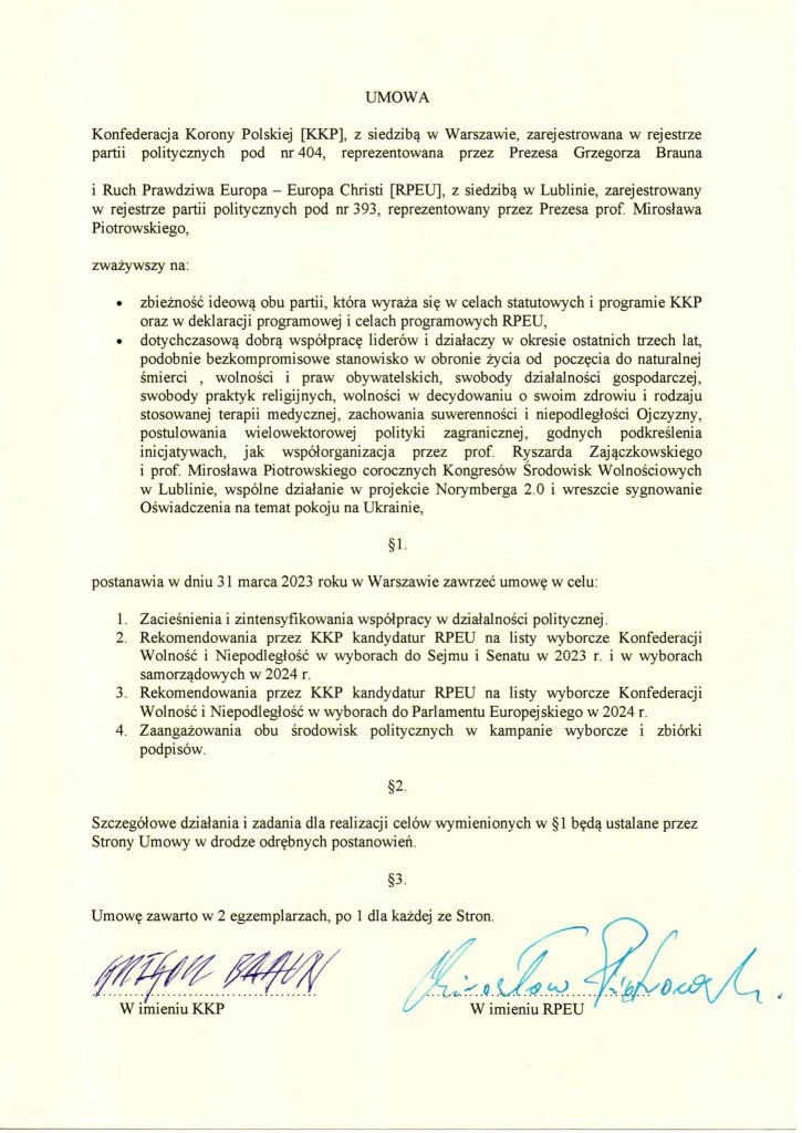 Treść umowy o współpracy między partiami Brauna i Piotrowskiego