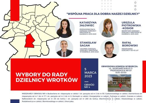Rada Dzielnicy Wrotków Katarzyna Jałowiec, Urszula Piotrowska-Kosior, Stanisław Sagan, Rafał Borowski ulotka